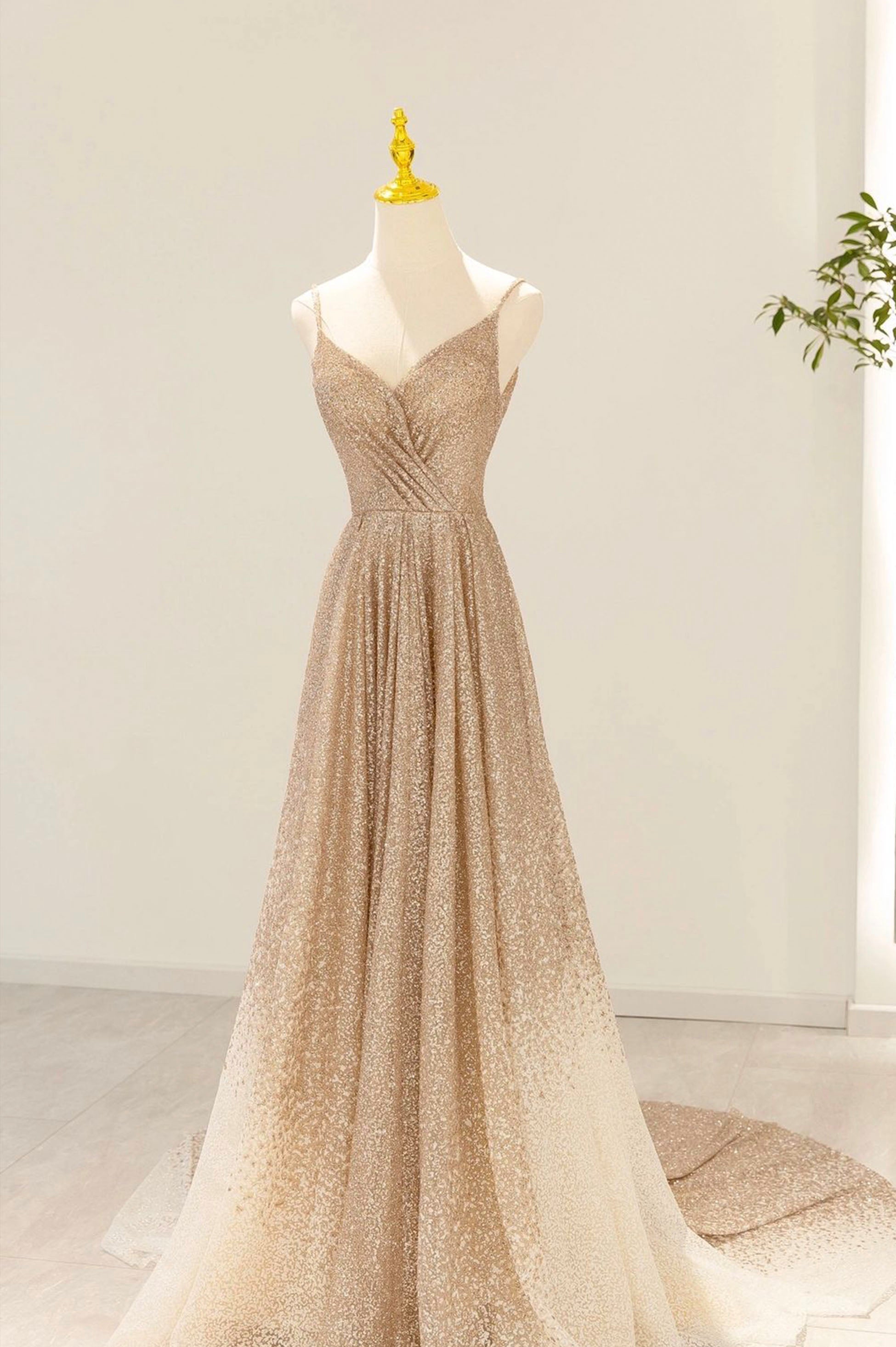 Gold V-Neck Sequins Long Prom Dress, A-Line Evening Party Dress