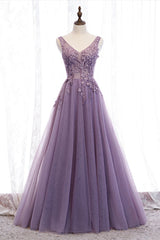 Purple V-Neck Lace Long Prom Dresses, A-Line Evening Party Dresses