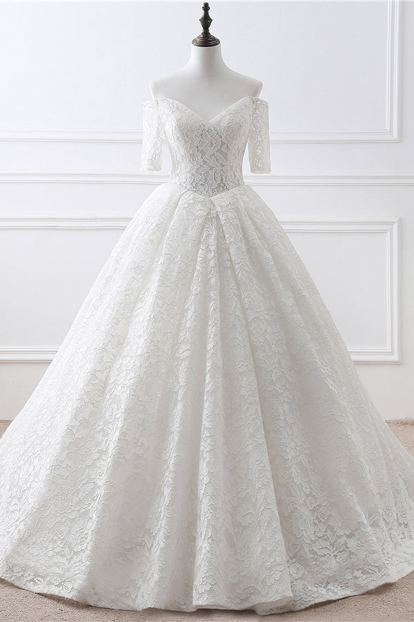 A-Line Lace Off the Shoulder White Lace Bridal Gown
