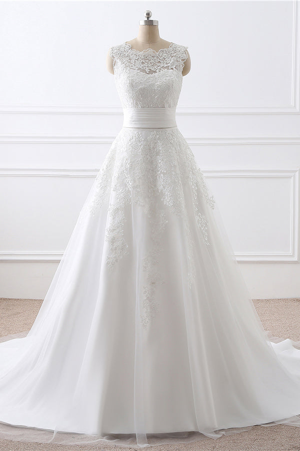 Sleeveless White Wedding Dress with Applique