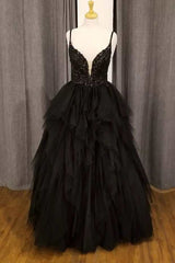Black Tulle Floral Lace Straps Tiered A-Line Prom Gown