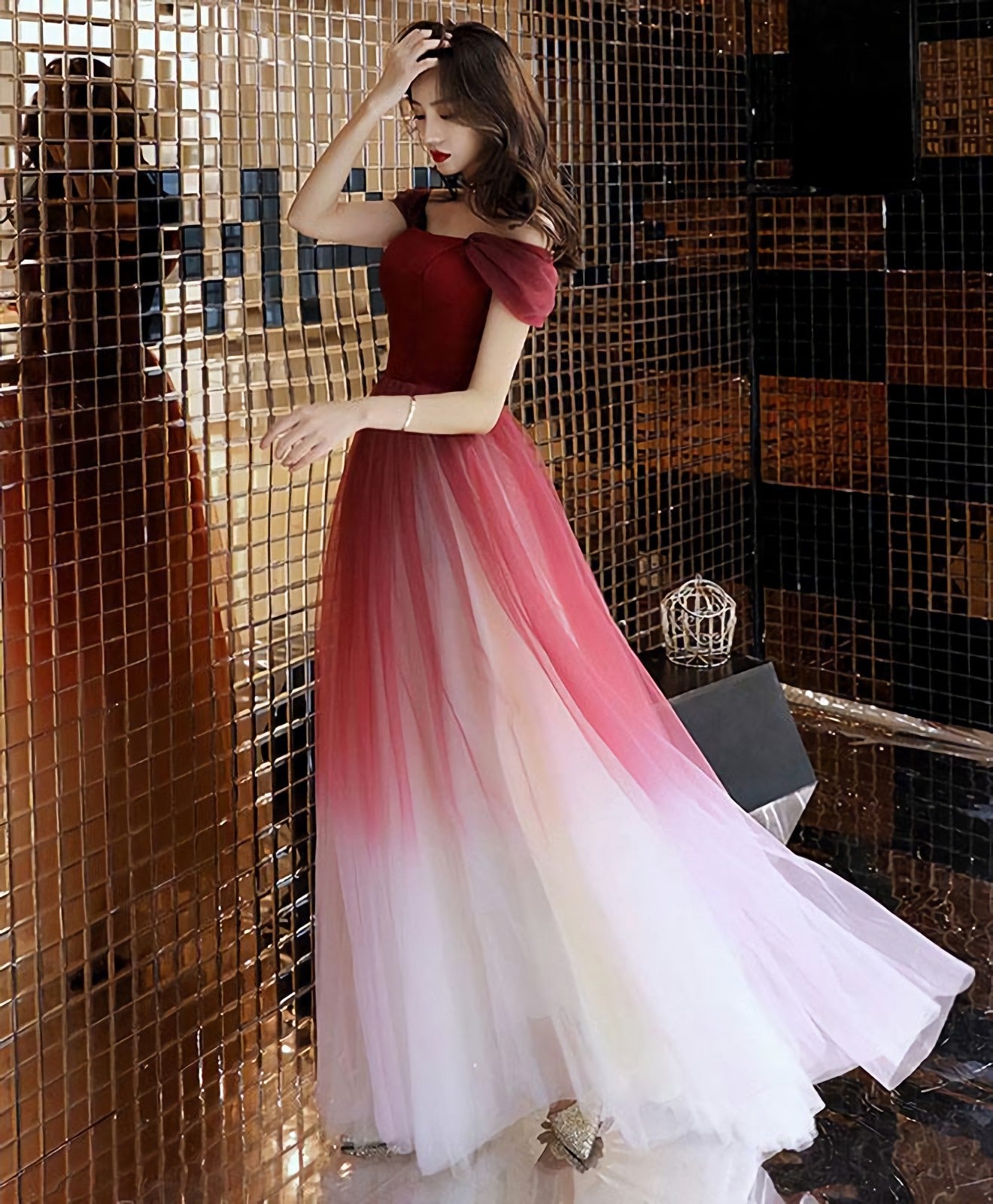 Unique Burgundy Off Shoulder Tulle Long Prom Dress, Burgundy Evening Dress Main image
