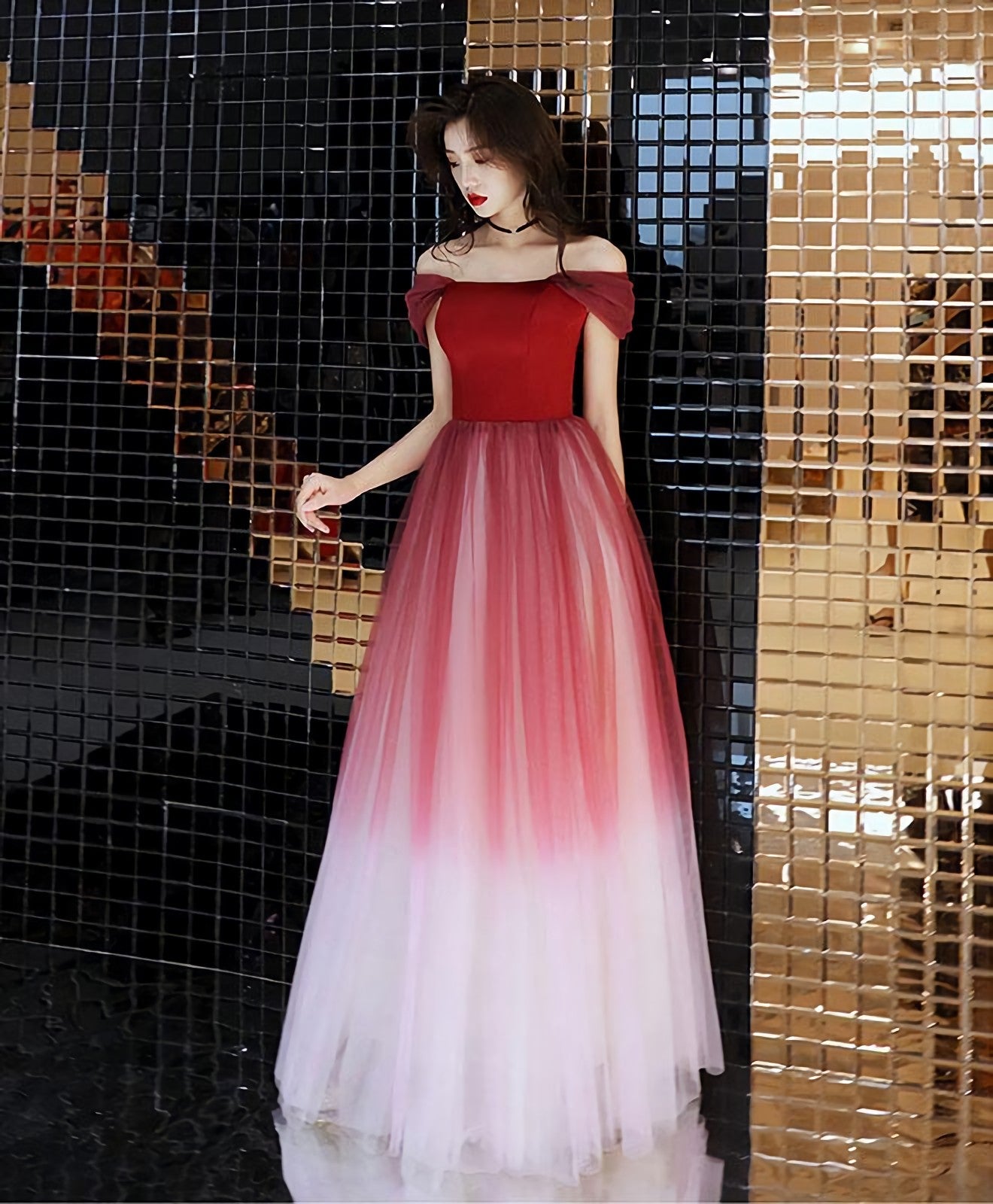 Unique Burgundy Off Shoulder Tulle Long Prom Dress Burgundy Evening Dress Secondary image