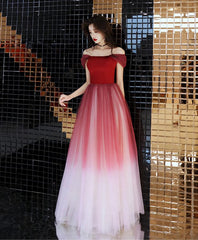 Unique Burgundy Off Shoulder Tulle Long Prom Dress, Burgundy Evening Dress