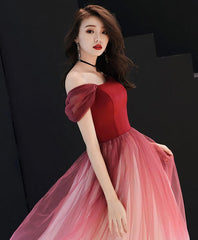 Unique Burgundy Off Shoulder Tulle Long Prom Dress, Burgundy Evening Dress