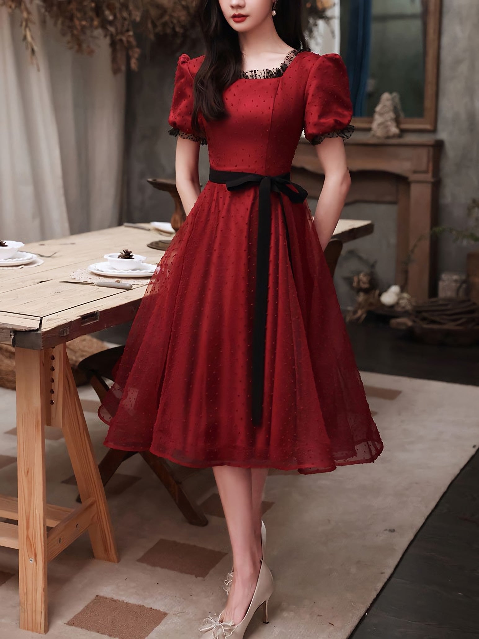 Burgundy Tulle Lace Short Prom Dress, Burgundy Bridesmaid Dress, 1