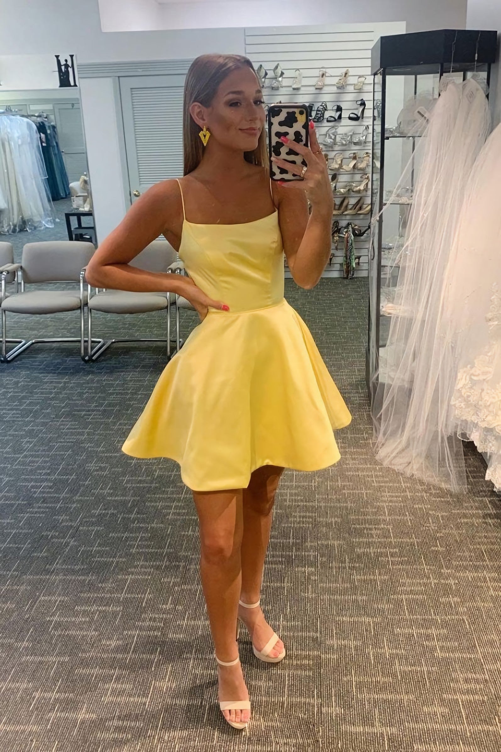 Simple Yellow Satin Short Cocktail Dresses Yellow Homecoming Dress