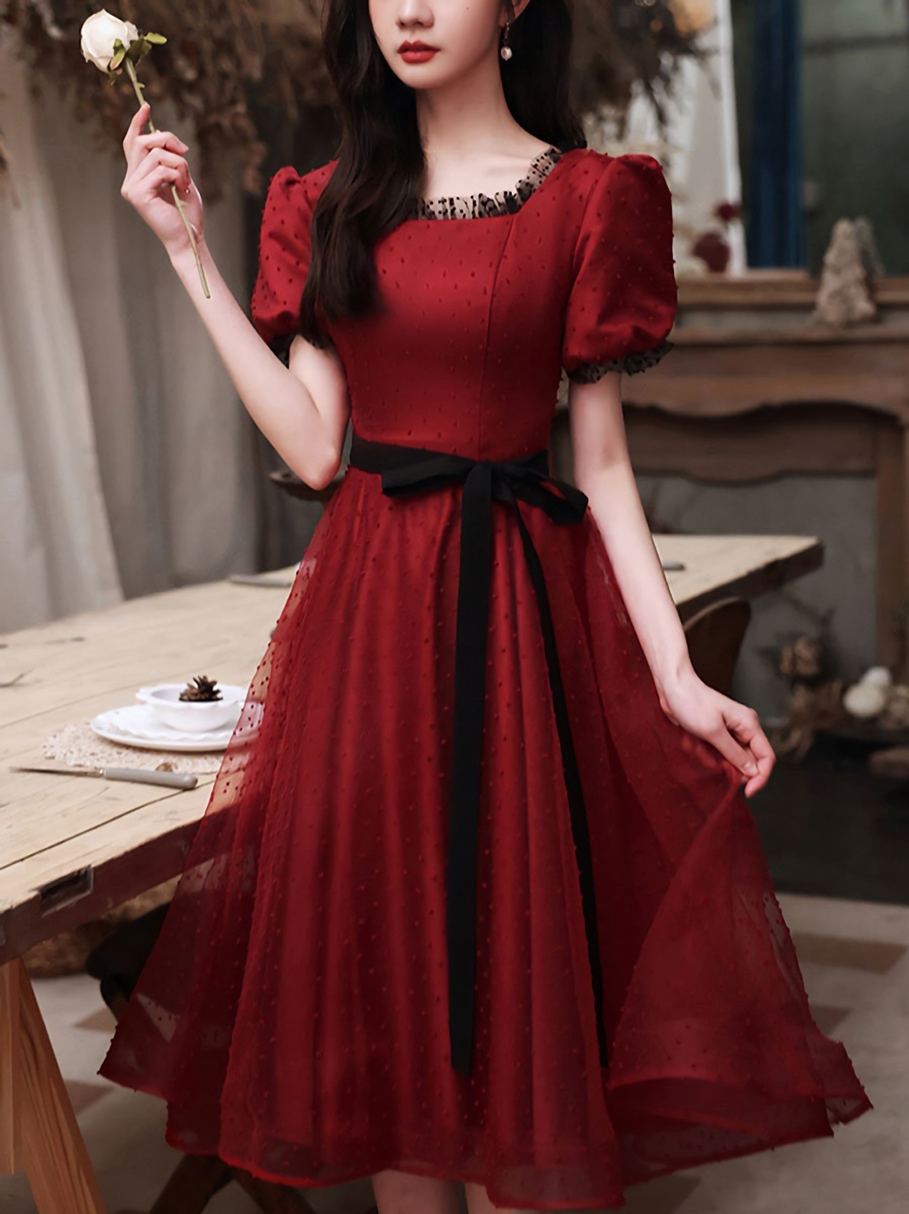 Burgundy Tulle Lace Short Prom Dress Burgundy Bridesmaid Dresses 1 Secondary image