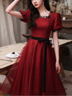 Burgundy Tulle Lace Short Prom Dress, Burgundy Bridesmaid Dress, 1