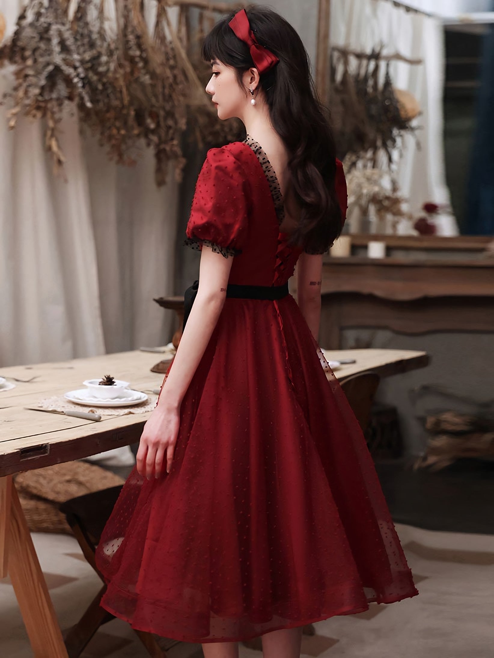 Burgundy Tulle Lace Short Prom Dress, Burgundy Bridesmaid Dress, 1