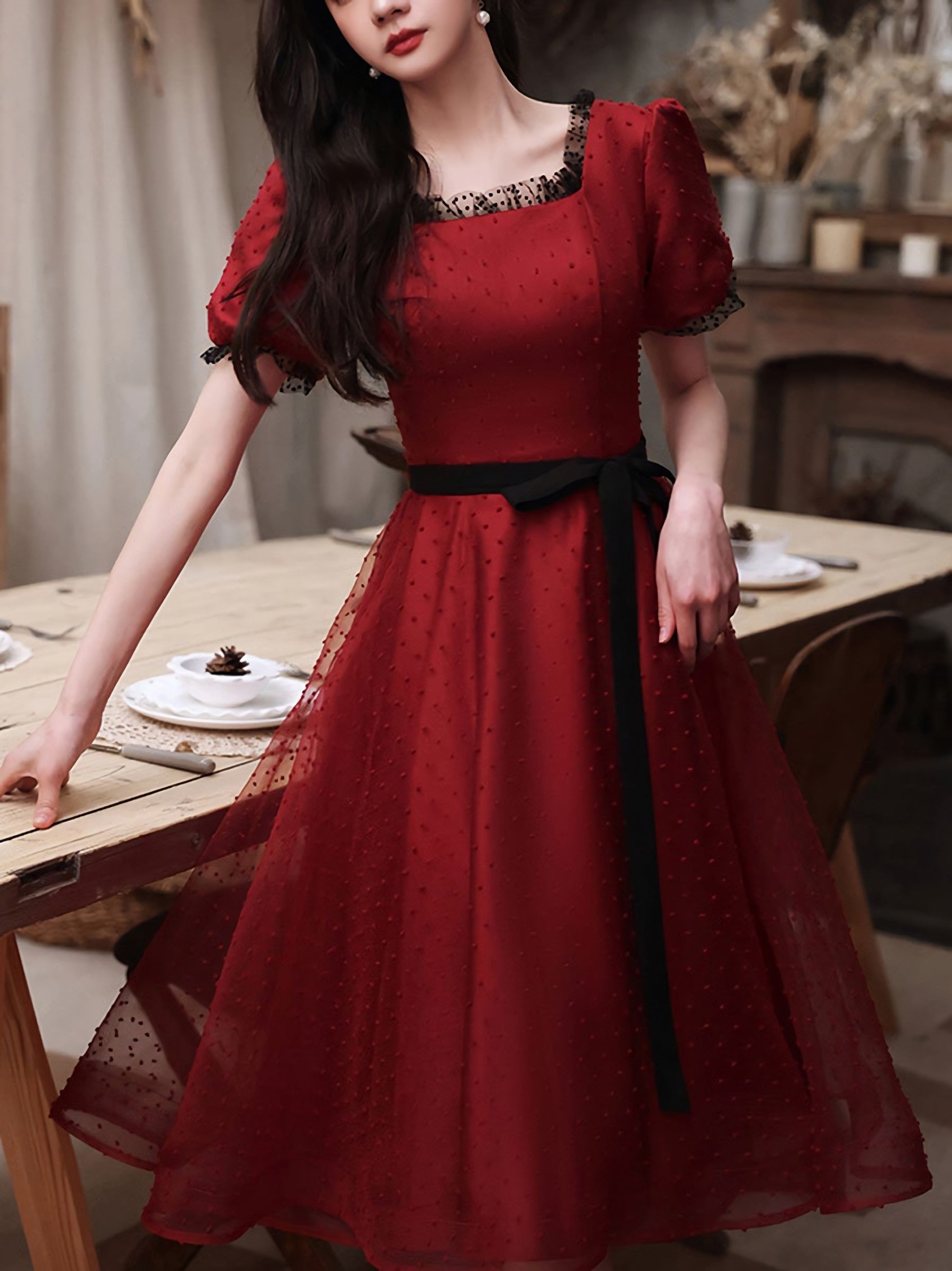 Burgundy Tulle Lace Short Prom Dress, Burgundy Bridesmaid Dress, 1