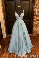 Blue A Line V Neck Simple Sequin Formal Evening Dresses Long Prom Dresses