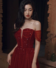 Burgundy Sweetheart Tulle Sequin Long Prom Dress, Burgundy Formal Dress, 2
