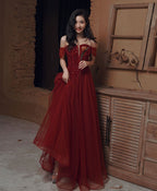 Burgundy Sweetheart Tulle Sequin Long Prom Dress, Burgundy Formal Dress, 2