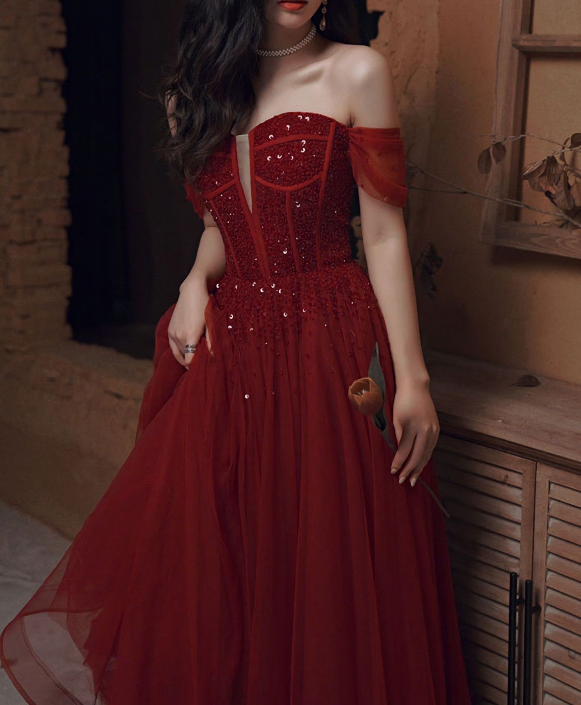 Burgundy Sweetheart Tulle Sequin Long Prom Dress, Burgundy Formal Dress, 2