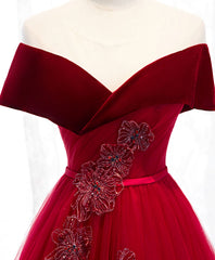 Burgundy Tulle Off Shoulder Long Prom Dress, Burgundy Formal Dress