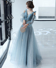 Blue V Neck Tulle Lace Long Prom Dress, Blue Lace Formal Dress