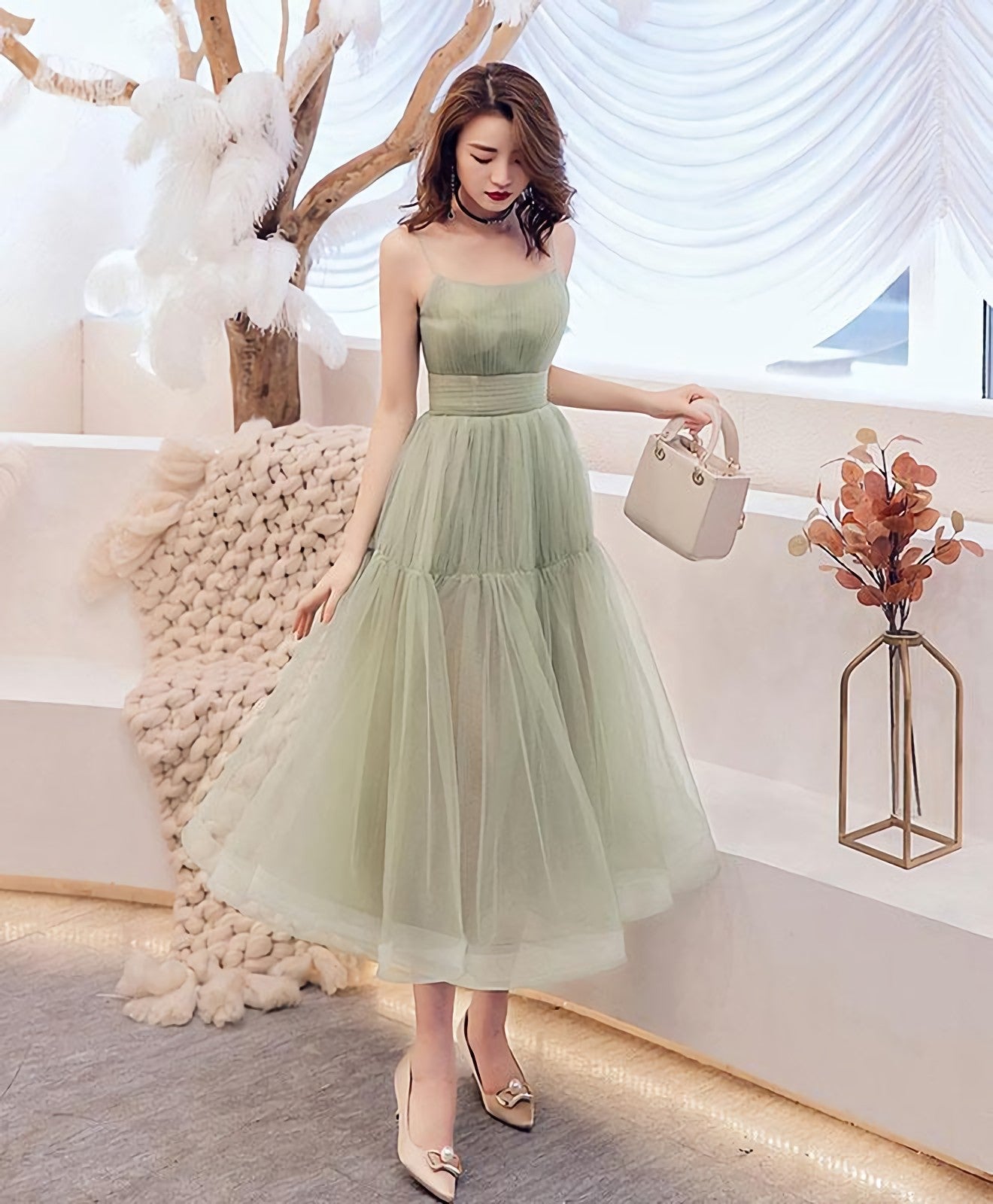 Simple Green Tulle Short Prom Dress, Green Tulle Homecoming Dress