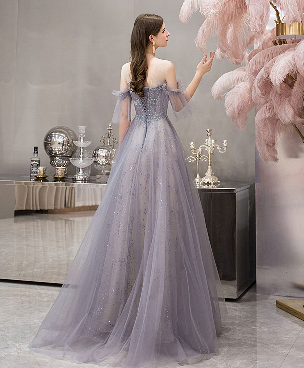 Blue Round Neck Tulle Sequin Long Prom Dress, Blue Evening Dress