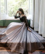 Black Tulle A Line Lace Long Prom Dress, Tulle Lace Formal Dress