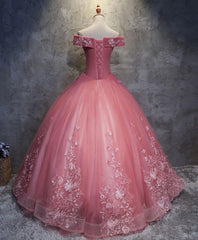 Pink Tulle Lace Off Shoulder Long Prom Dress, Pink Tulle Evening Dress, 1