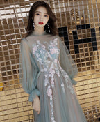 Green Tulle Lace Long Prom Dress, Green Tulle Evening Dress