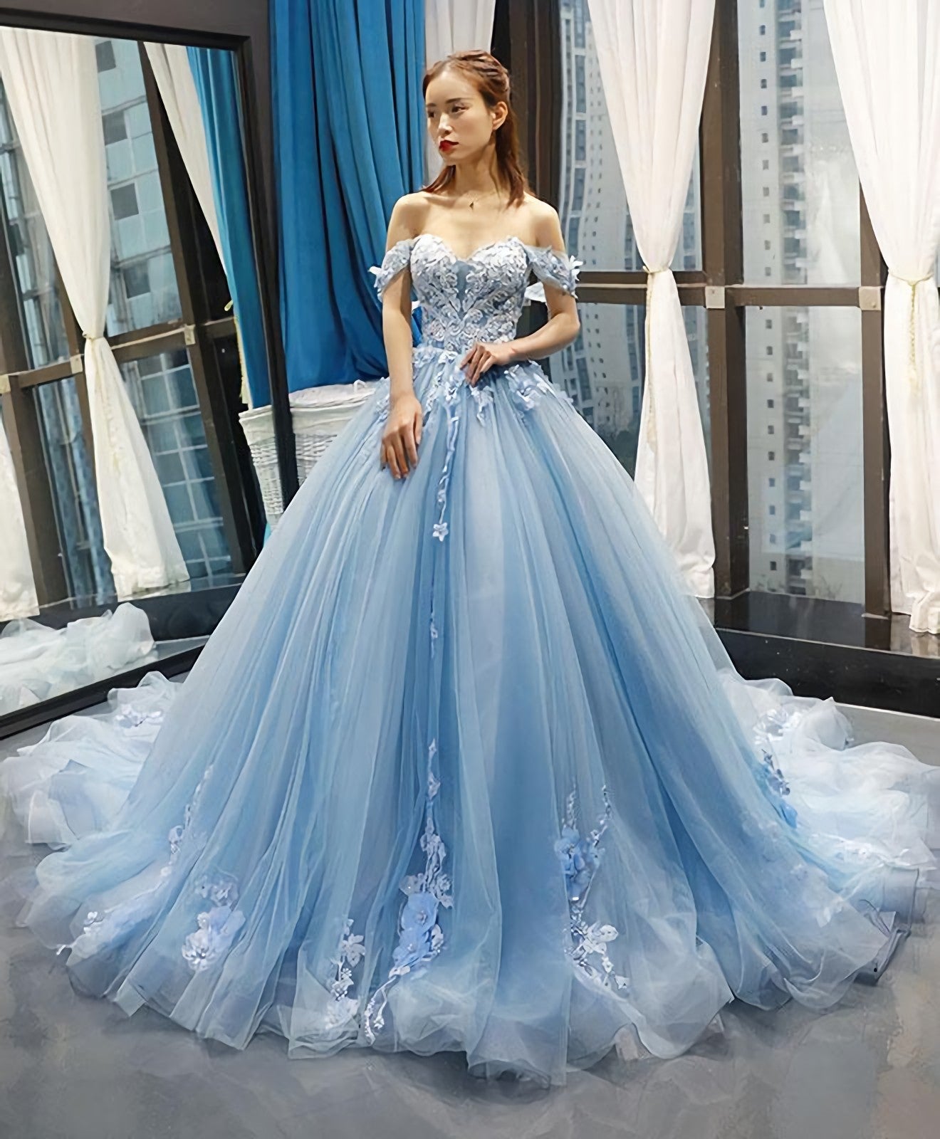 Blue Off Shoulder Tulle Lace Long Prom Gown Blue Evening Dress Main image
