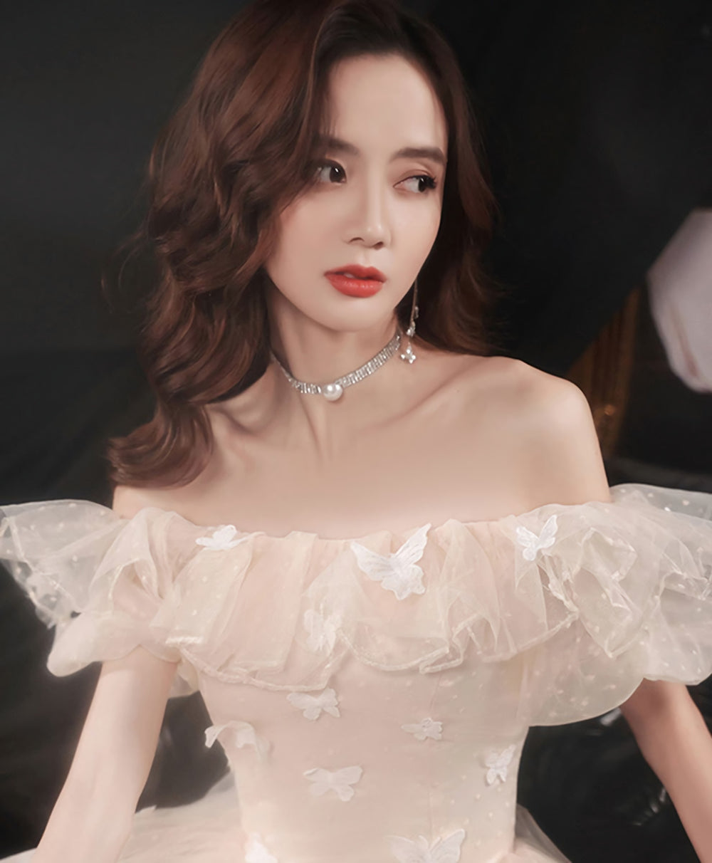 Champagne Tulle Lace Off Shoulder Long Prom Dress, Tulle Formal Dress