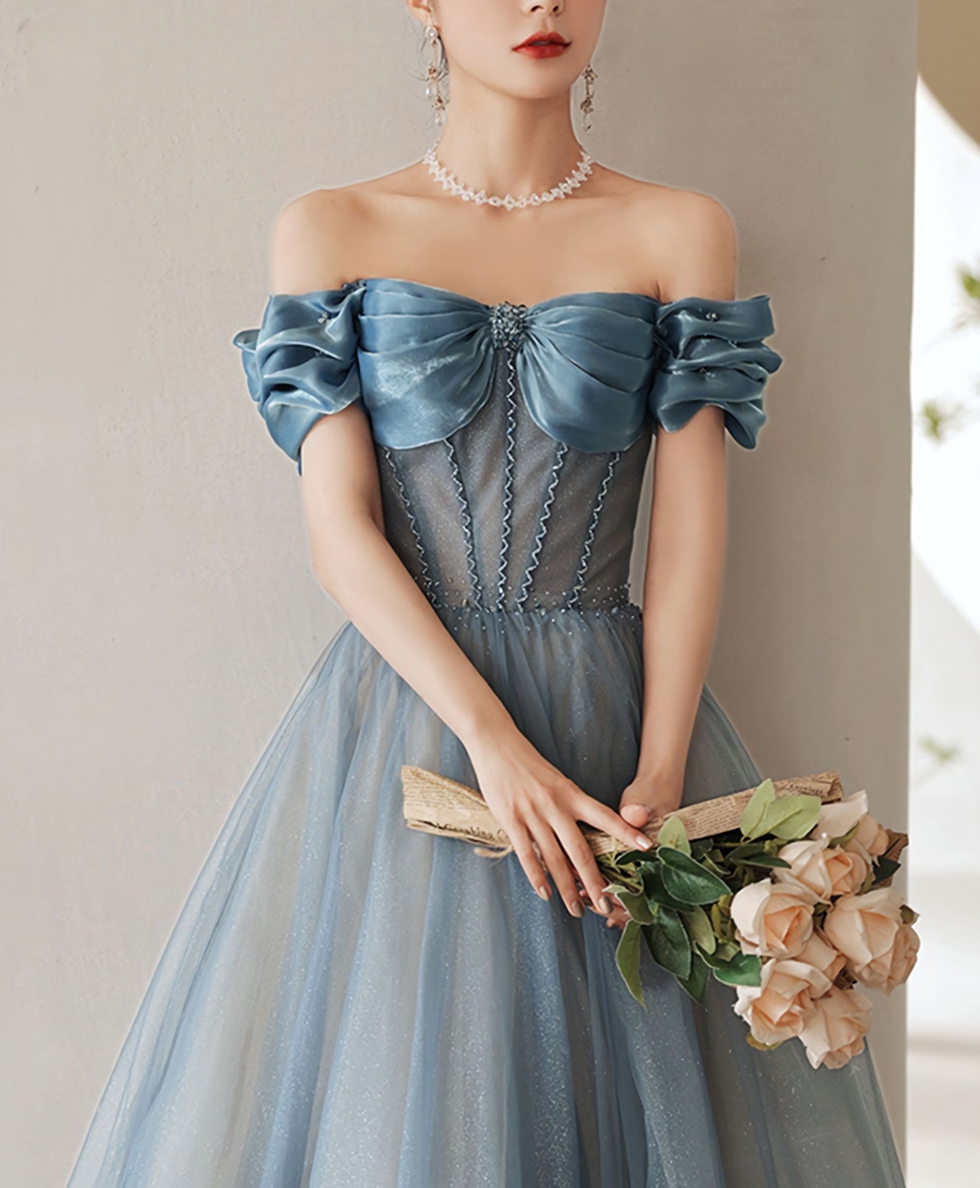 Blue Sweetheart Off Shoulder Tulle Long Prom Dress, Blue Formal Dress