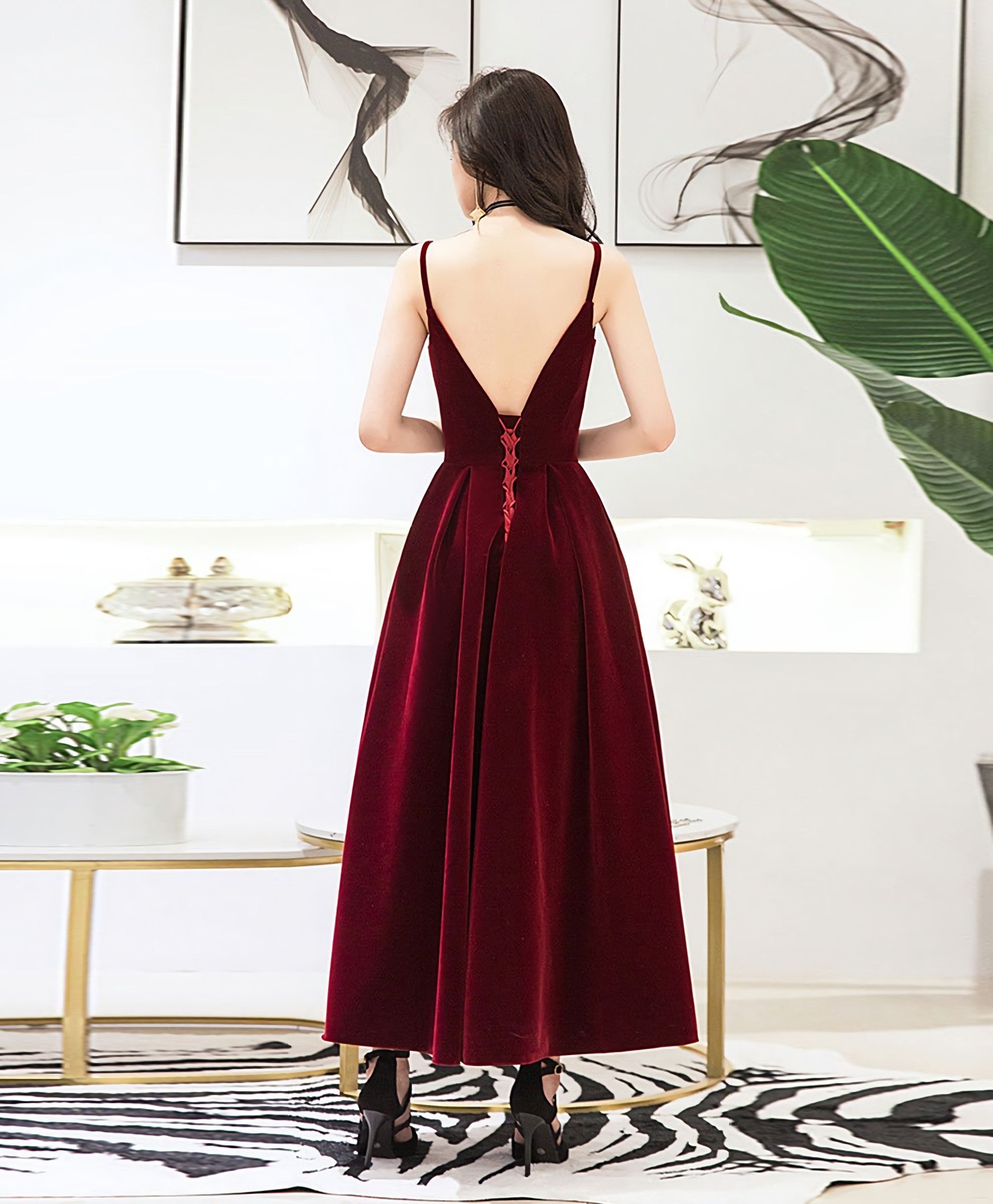 Burgundy Sweetheart Tea Length Prom Dress, Burgundy Bridesmaid Dress, 1