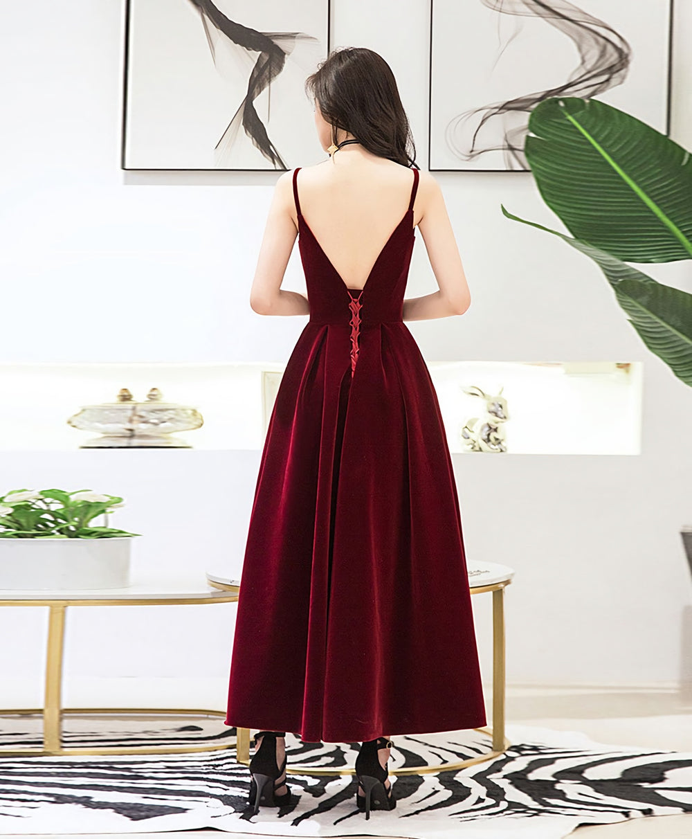 Burgundy Sweetheart Tea Length Prom Dress, Burgundy Bridesmaid Dress, 1