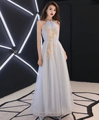 Gray Tulle Lace Long Prom Dress, Gray Tulle Evening Dress/4