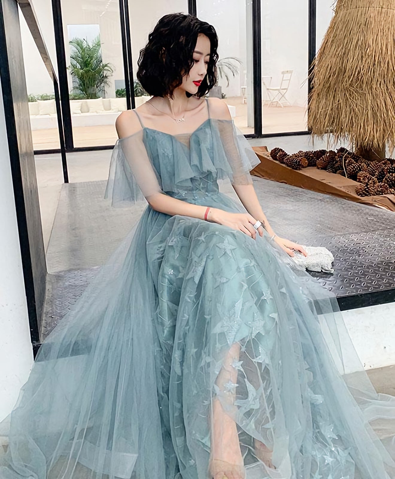 Green Tulle Lace Long Prom Dress, Green Evening Dress Main image