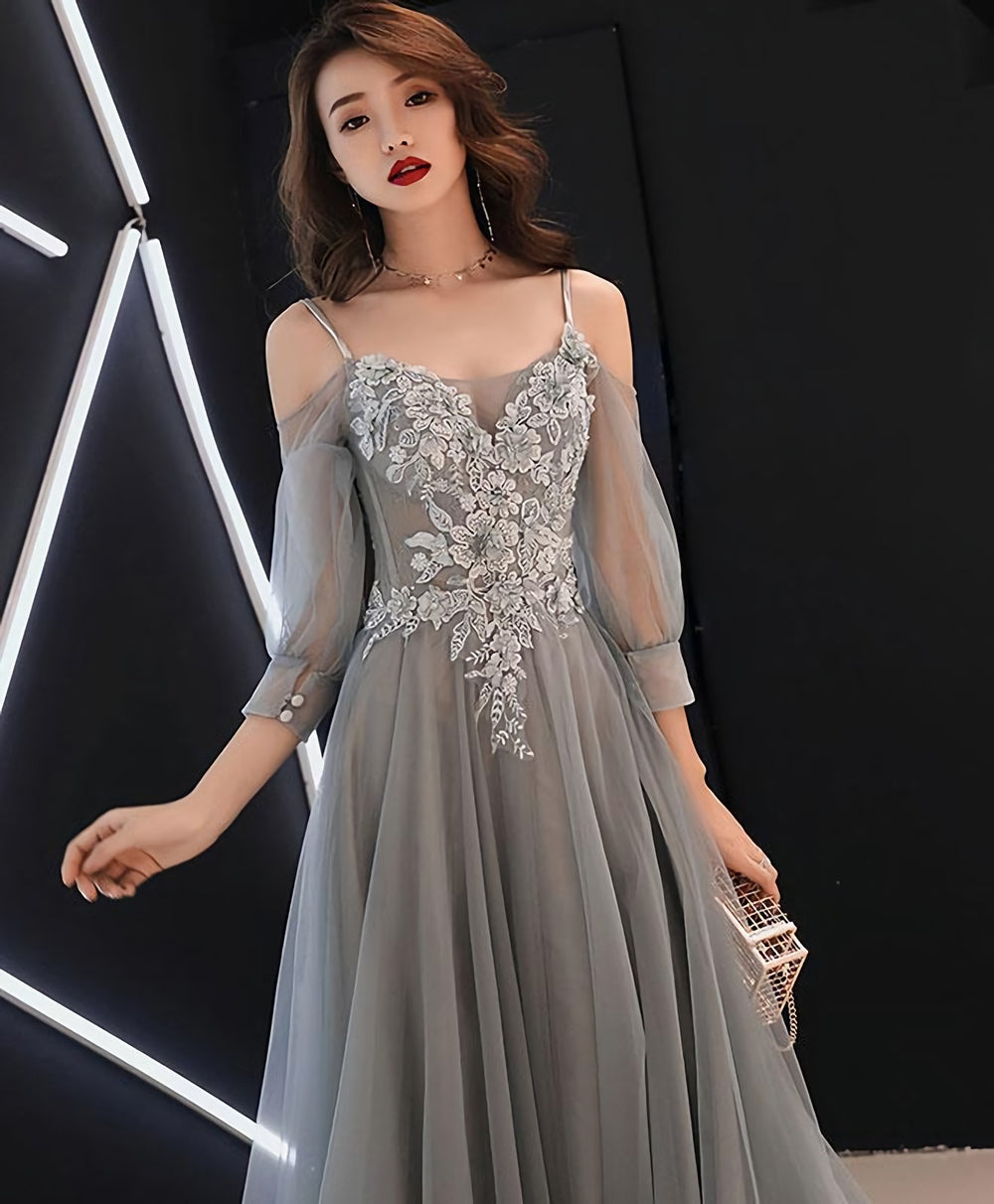 Gray Sweetheart A Line Tulle Lace Long Prom Dress, Gray Evening Dress