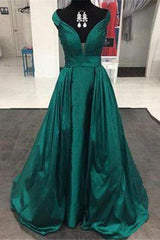 Dark Green A-Line/Princess V-Neck Sleeveless Natural Zipper Sweep Train Satin Prom Dresses