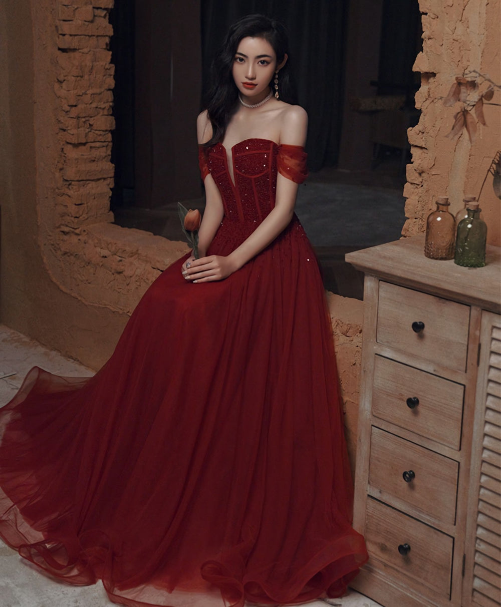 Burgundy Sweetheart Tulle Sequin Long Prom Dress, Burgundy Formal Dress, 2