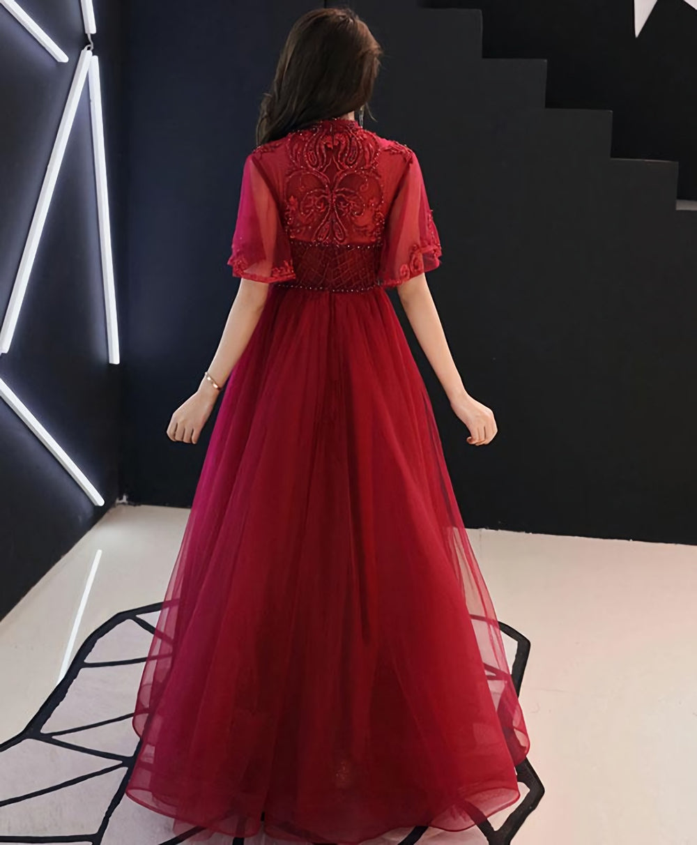 Burgundy Tulle Lace Long Prom Dress, Burgundy Evening Dress, 6