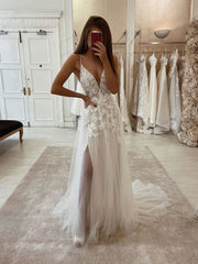 White V Neck Tulle Lace Long Prom Dress White Lace Evening Dress
