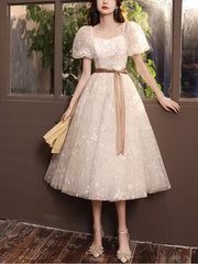 White A Line Lace Tulle Short Prom Dress, White Homecoming Dress