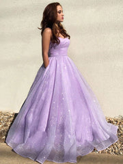 Purple Tulle Sequin Long Prom Dress Purple Tulle Evening Dress