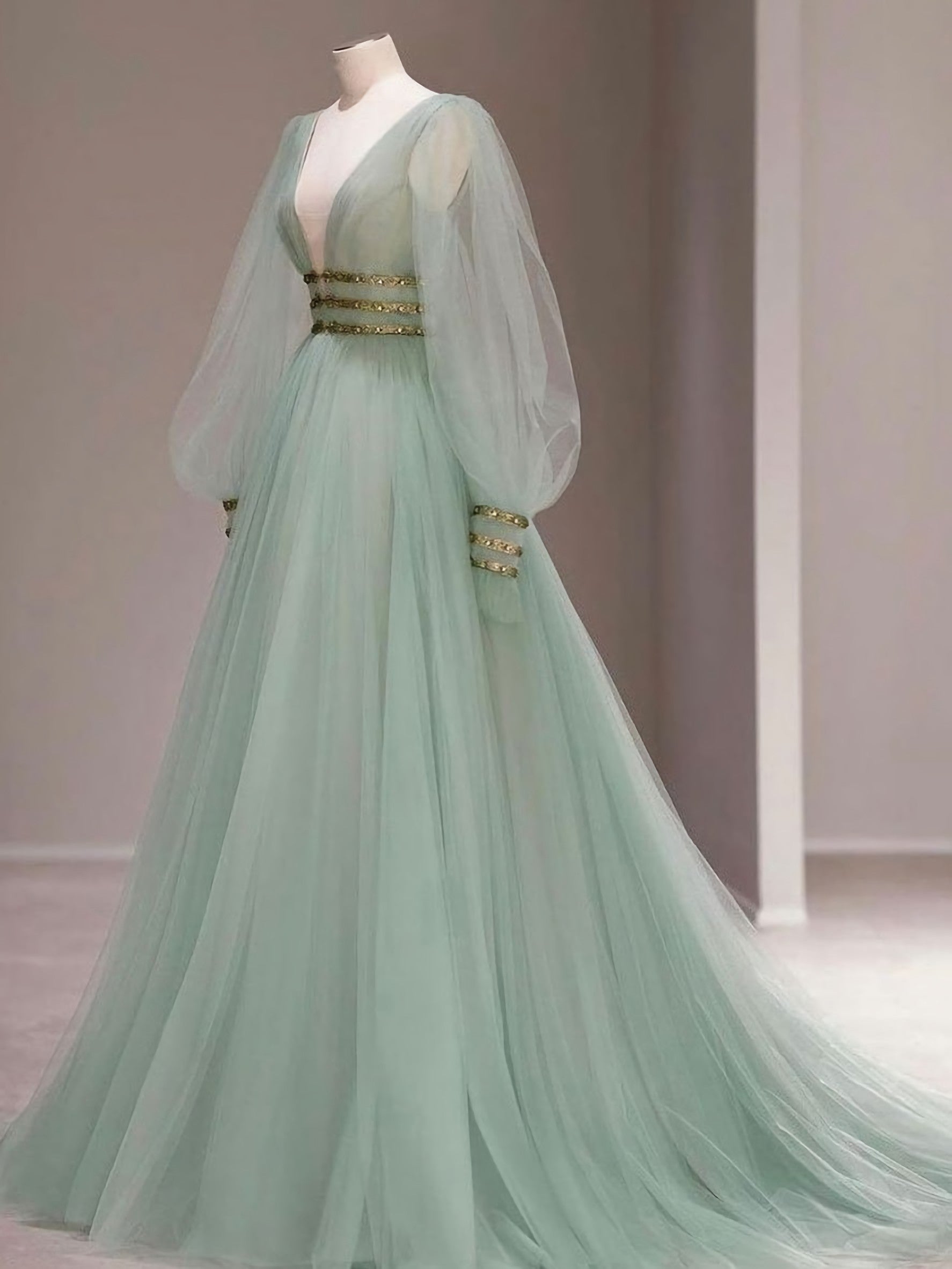 Green V Neck Tulle Sequin Long Prom Dress Green Evening Dress
