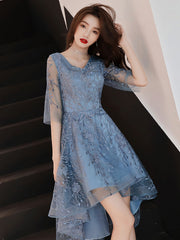 Blue V Neck Tulle Lace High Neck Prom Dress, Blue Lace Homecoming Dress