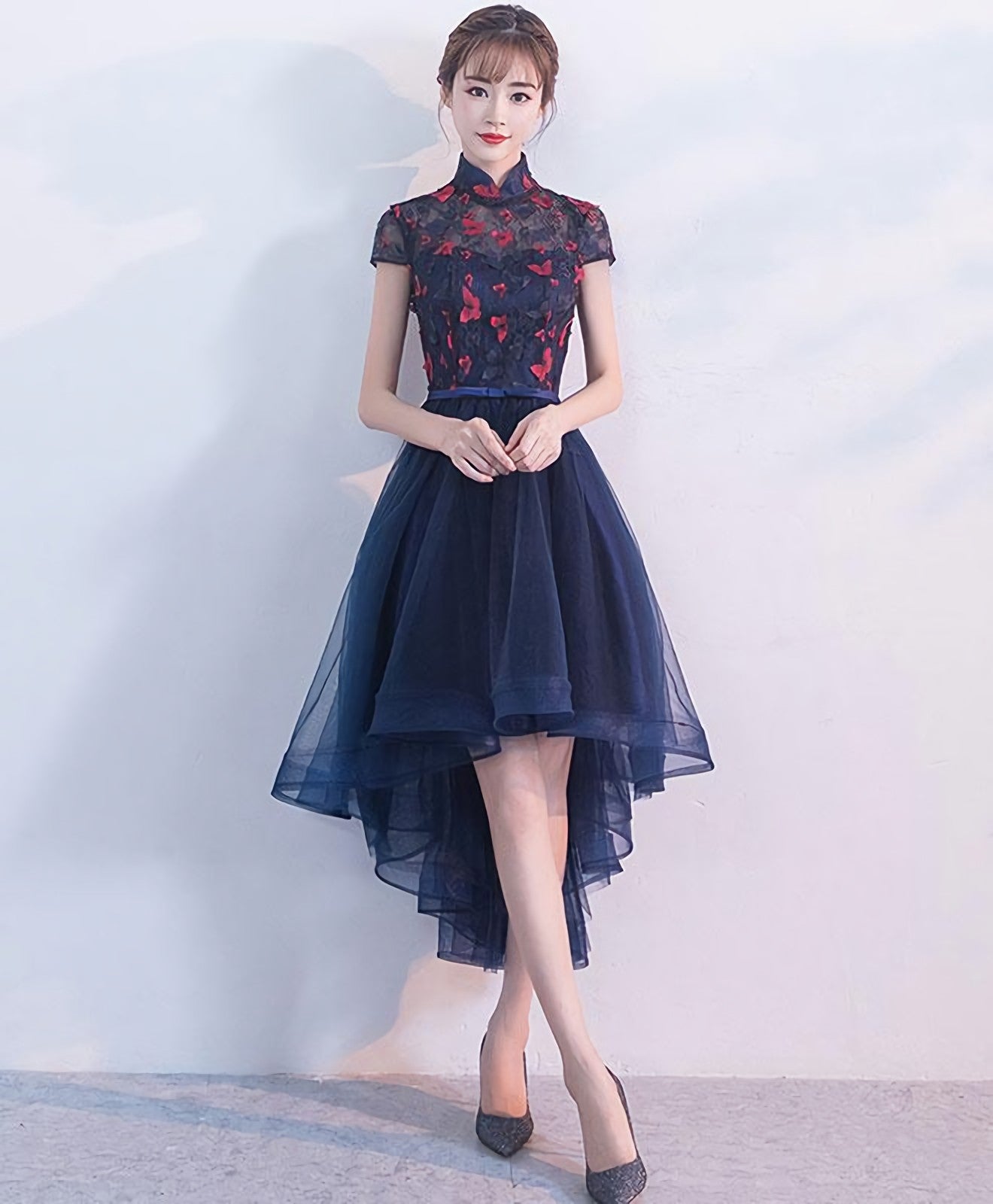 Blue Tulle Lace High Low Prom Dress, Blue Homecoming Dress Main image