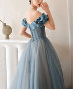 Blue Sweetheart Off Shoulder Tulle Long Prom Dress, Blue Formal Dress
