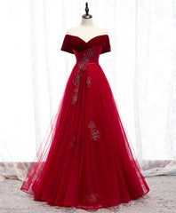 Burgundy Tulle Off Shoulder Long Prom Dress, Burgundy Formal Dress