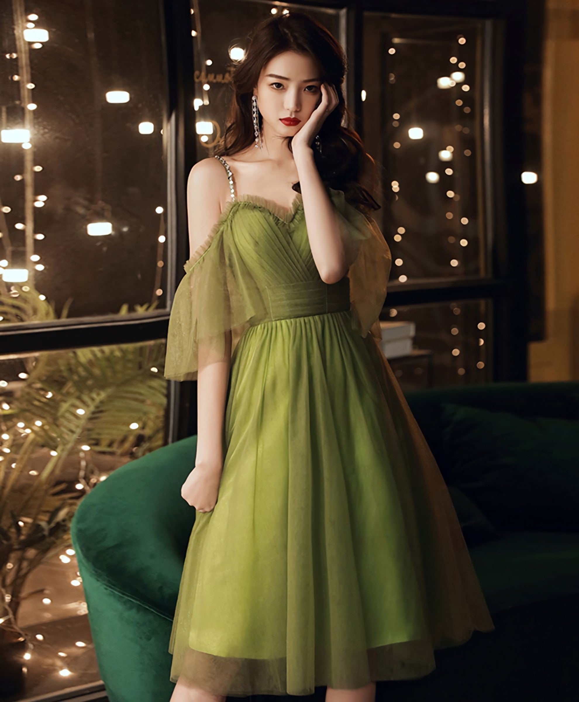 Simple Green Tulle Short Prom Dress, Green Evening Dress