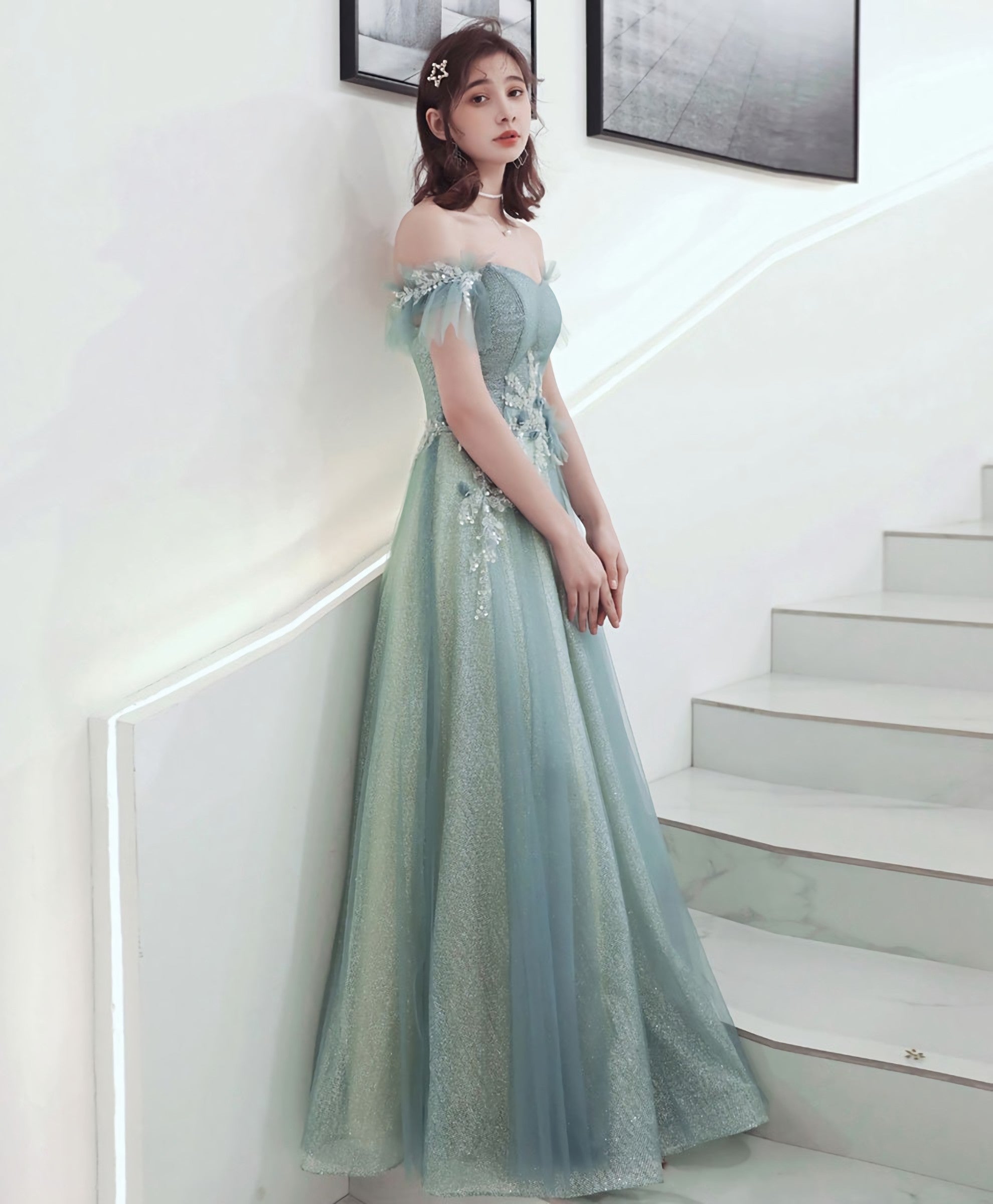 Green Tulle Lace Long Prom Dress, Green Tulle Formal Dress, 1