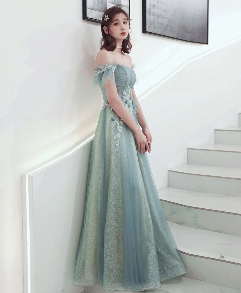 Green Tulle Lace Long Prom Dress, Green Tulle Formal Dress, 1