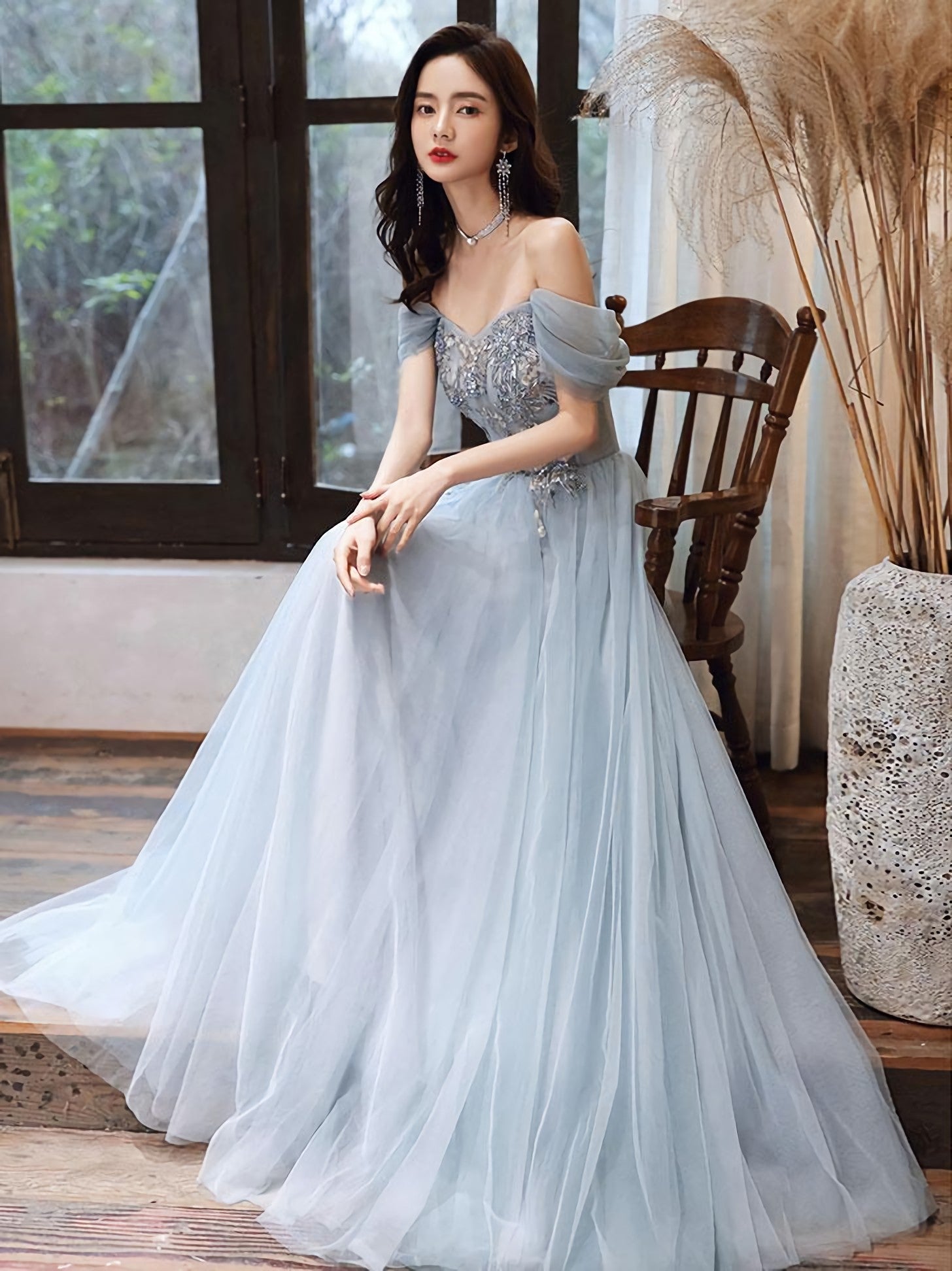 Blue Tulle Off Shoulder Tulle Lace Long Prom Dress, Blue Formal Dress