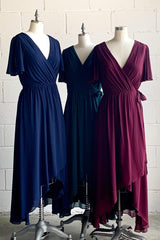 Faux-Wrap V Neck Pleated Chiffon Hi-Low Bridesmaid Dress with Sleeves